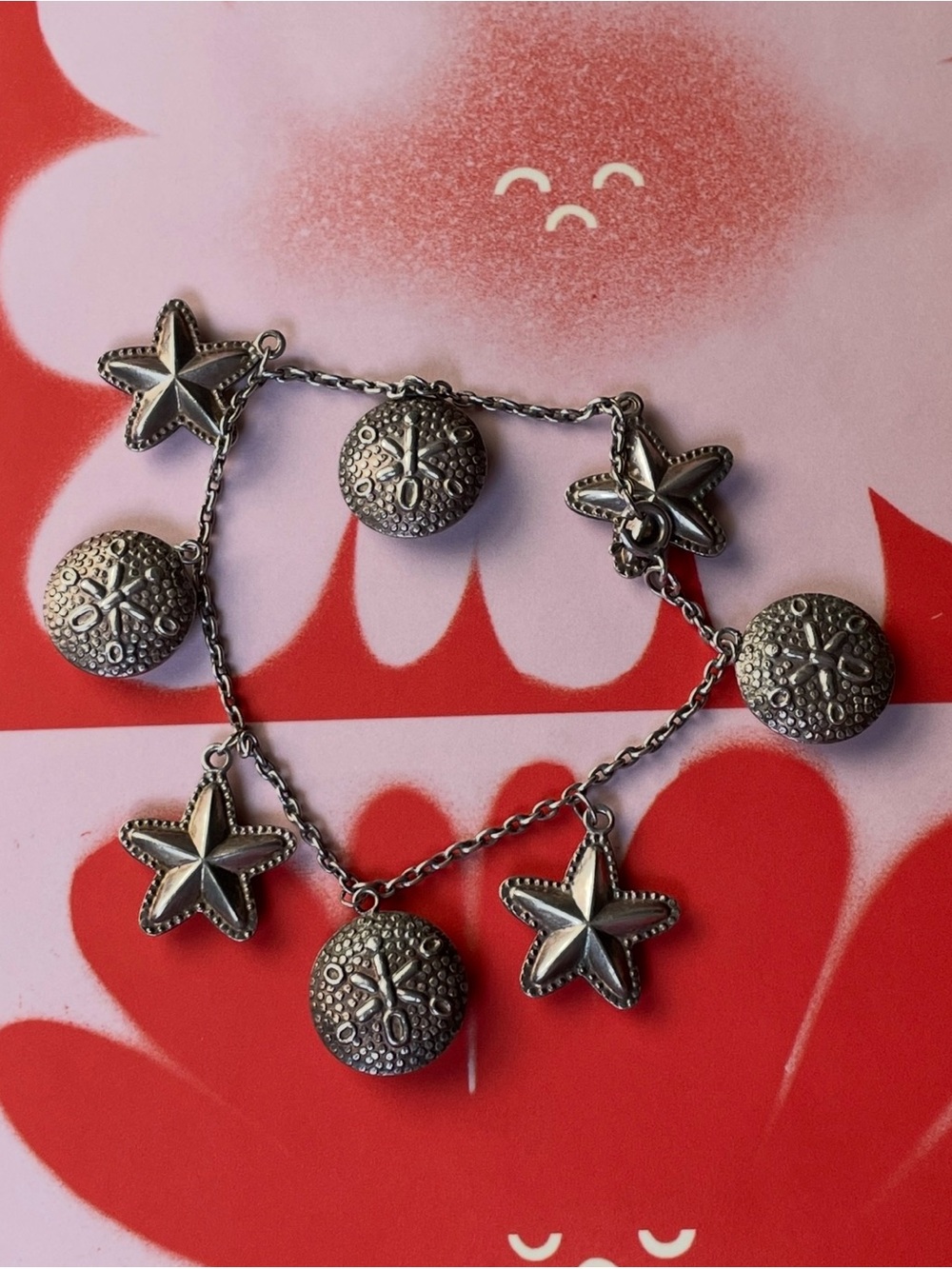Vintage stamped 925 sterling silver puffy starfish & sand dollar charm bracelet